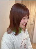 大人可愛い切りっぱなしボブとオレンジピンクカラーでツヤ髪