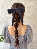 結婚式お呼ばれリボン編みおろし／ヘアセット/ふわふわ/アレンジ