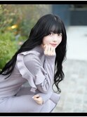 小顔薄めバンググレージュレイヤーロング前髪パーマ黒髪
