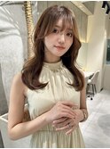 ★丸型逆三角ホワイトグレージュデジタルパーマチェリーブラウン