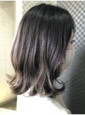黒髪暗髪透明感グレージュ×艶髪外ハネミディ　髪質改善