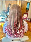 編みこみエクステ 赤白メッシュ