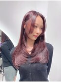美髪ピンクカシス美人レイヤーカットワンカール