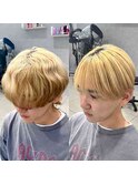 マッシュパーマナチュラルハイトーンカラー金髪フェザーパーマ