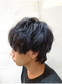 ネイビーブルー ウルフマッシュ スパイラルパーマ
