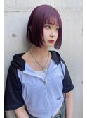 ウェーブミディアムショートボブ 前髪なしブリーチなしカラー