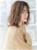 ★オレンジベージュ透けバングウェーブミディアム20代30代★1