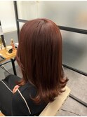 伸ばしかけミディアム　外ハネ　ブラウンレッド　チェリーレッド