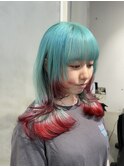 ○派手髪ロングウルフレイヤーカットミントカラークラゲウルフ