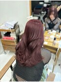 韓国くびれレイヤー ブリーチなしカラー ワインレッド 髪質改善