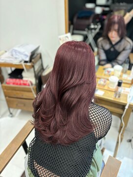 ハピネス 梅田茶屋町店(HAPPINESS) 韓国くびれレイヤー ブリーチなしカラー ワインレッド 髪質改善