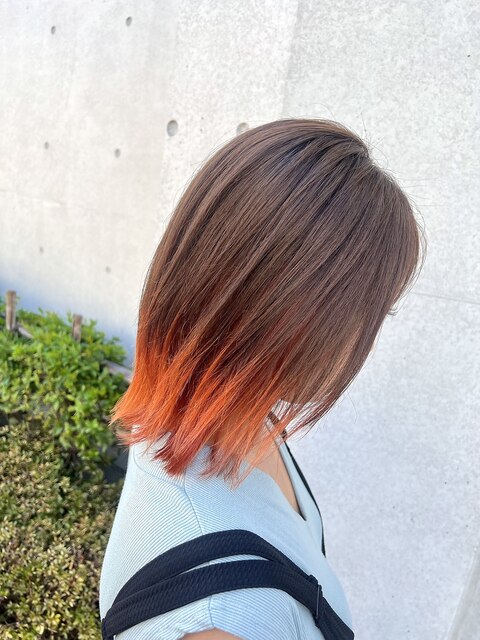 ブラウン×オレンジ＊デザインカラー/裾カラー/オレンジカラー
