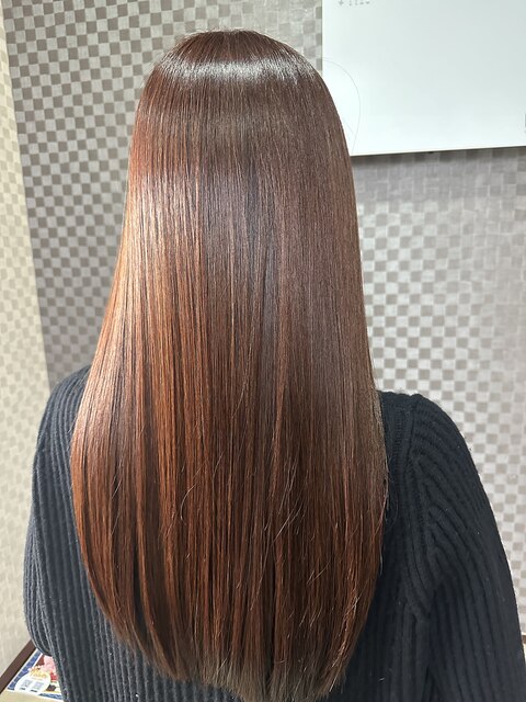 オレンジブラウン×艶髪ロング　白髪染め髪質改善