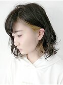 小顔☆ゆるふわカール☆大人黒髪セミディ☆インナーカラー