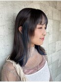 インナーカラー　ブルー　髪質改善カラー　韓国風　サイドバング