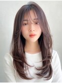 小顔ワンカールレイヤーカットくびれヘアアプリコットオレンジ