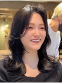 （韓国ヘア/くびれヘア/セミロング/前髪/サイドバング/小顔）