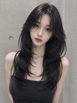 ユーフォリア 新宿通り(Euphoria)&nbsp;顔まわりレイヤー黒髪ロングハッシュカット韓国ヘア