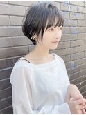 厚めバング黒髪ナチュラルマニッシュショートボブパーマ