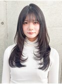 グレージュブラウン/ミディアムレイヤー/韓国巻き/顔周りカット