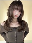 ハッシュカットロングウルフダブルカラーブラウンベージュ前髪