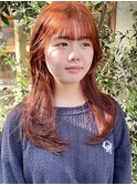 オレンジピンク暖色ブラウンダブルカラーレイヤーカット顔周り