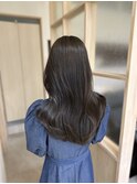 小顔薄めバンググレージュレイヤーロング前髪パーマ黒髪