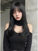 黒髪　ダークアッシュ　レイヤー　韓国　前髪　シースルーバング