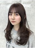 美髪カールピンクブラウン韓国レイヤーロングセミディ顔周り前髪