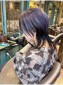 ラベンダーグレージュウルフクラゲヘアー姫カットブルーカラー