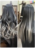 黒×白系のバレイヤージュ風エクステ