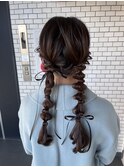 ツインヘア 編みおろし  リボンアレンジ 参列ヘア デートヘア
