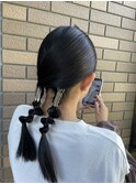 ヘアセット 個性的ツインおさげヘア 黒髪 お呼ばれお洒落