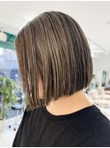 ボブ地毛ハイライトミルクティーベージュインナーハイライト