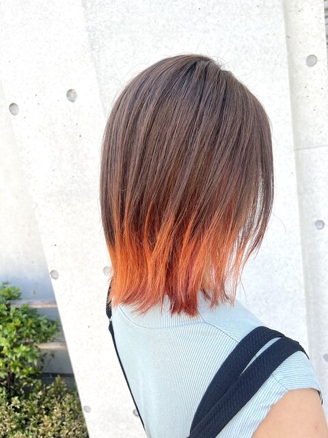 ブラウン×オレンジ＊デザインカラー/裾カラー/オレンジカラー