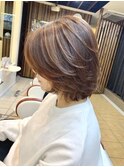30代40代ナチュラルオレンジブラウン大人レイヤーボブ肩ライン