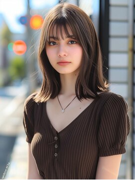 ムウ 難波(MOU) こなれミディくびれヘアアプリコットオレンジ20代30代40代50代