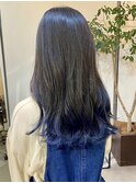 △裾カラーグラデーションカラーブルー黒髪ロング髪質改善