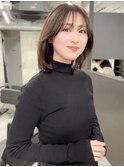 丸みボブ　顔周りカット　シースルーバング　韓国ヘア　ベージュ