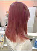 ハイトーンピンク　ケアブリーチ　透明感カラー　ストレート