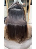 小顔薄めバンググレージュレイヤーロング前髪パーマ黒髪