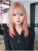 顔周りレイヤーロングハイトーンダブルカラーブリーチ_F1412