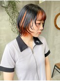 インナーカラー　オレンジカラー　ボブ　ボブヘア　外はねボブ
