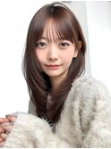 ロング顔周りレイヤー韓国ヘアココアベージュ_F41280