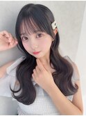 黒髪シースルーぱっつん前髪おくれ毛ロブミディアムロング