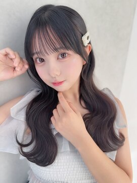 カシュカシュ 表参道(cache cache) 黒髪シースルーぱっつん前髪おくれ毛ロブミディアムロング