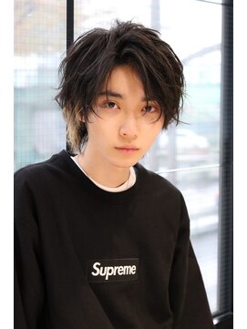 ネイビー(NAVY) 社会人 大人センターパートラフミディアムウルフ ポイントカラー