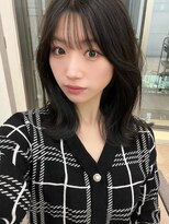 韓国ミディアム_黒髪ボブルフネビージュ小顔ワンレン