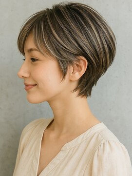 ヘアメイク アージュ 天神西通り店(HAIR MAKE age) 白髪ぼかしハイライト マッシュショート 刈り上げ 40代