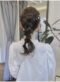 ヘアセットツイン編みおろしポニーテール結婚式ドレスヘア